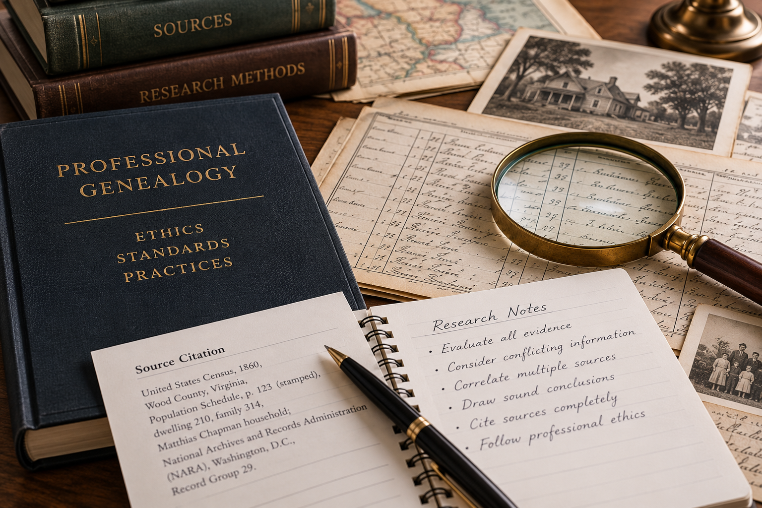 Professional genealogy ethics and standards represented by historical records, source citations, research notes, and evidence evaluation.