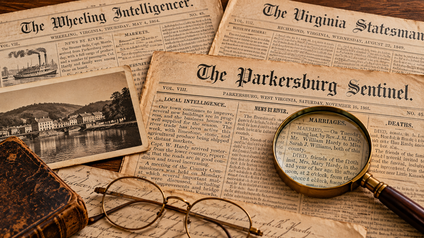 Historical newspapers and archival materials used to uncover details about people, families, and past events.