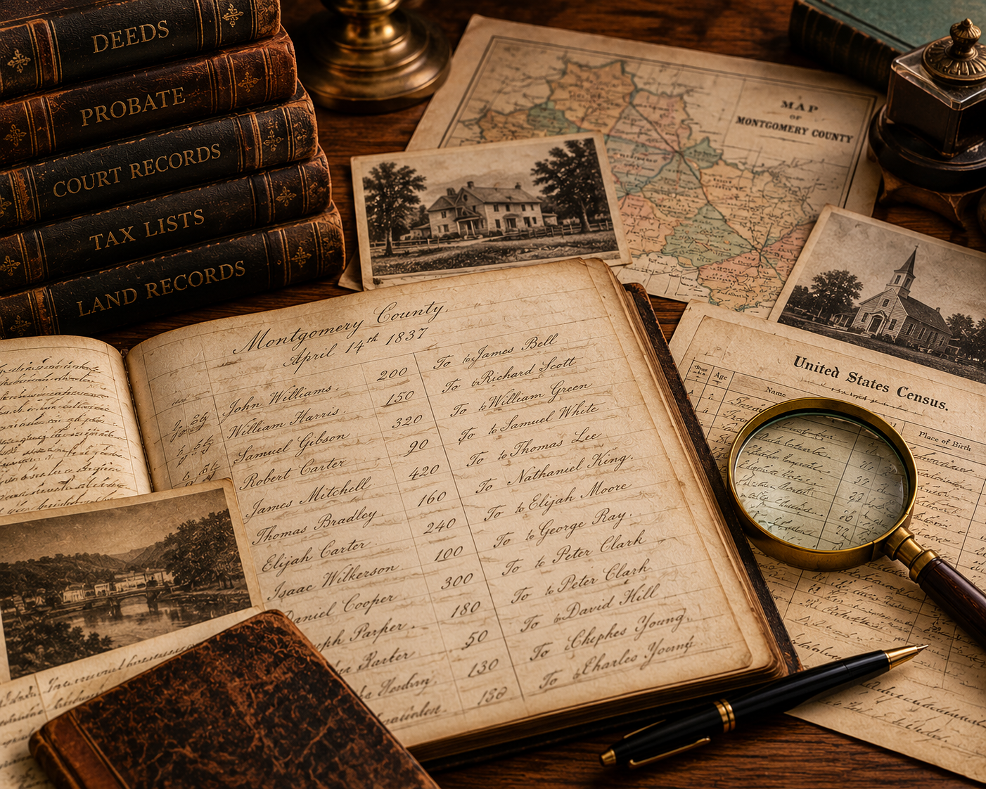 Historical family records, photographs, maps, and research materials used to build and document a family tree.