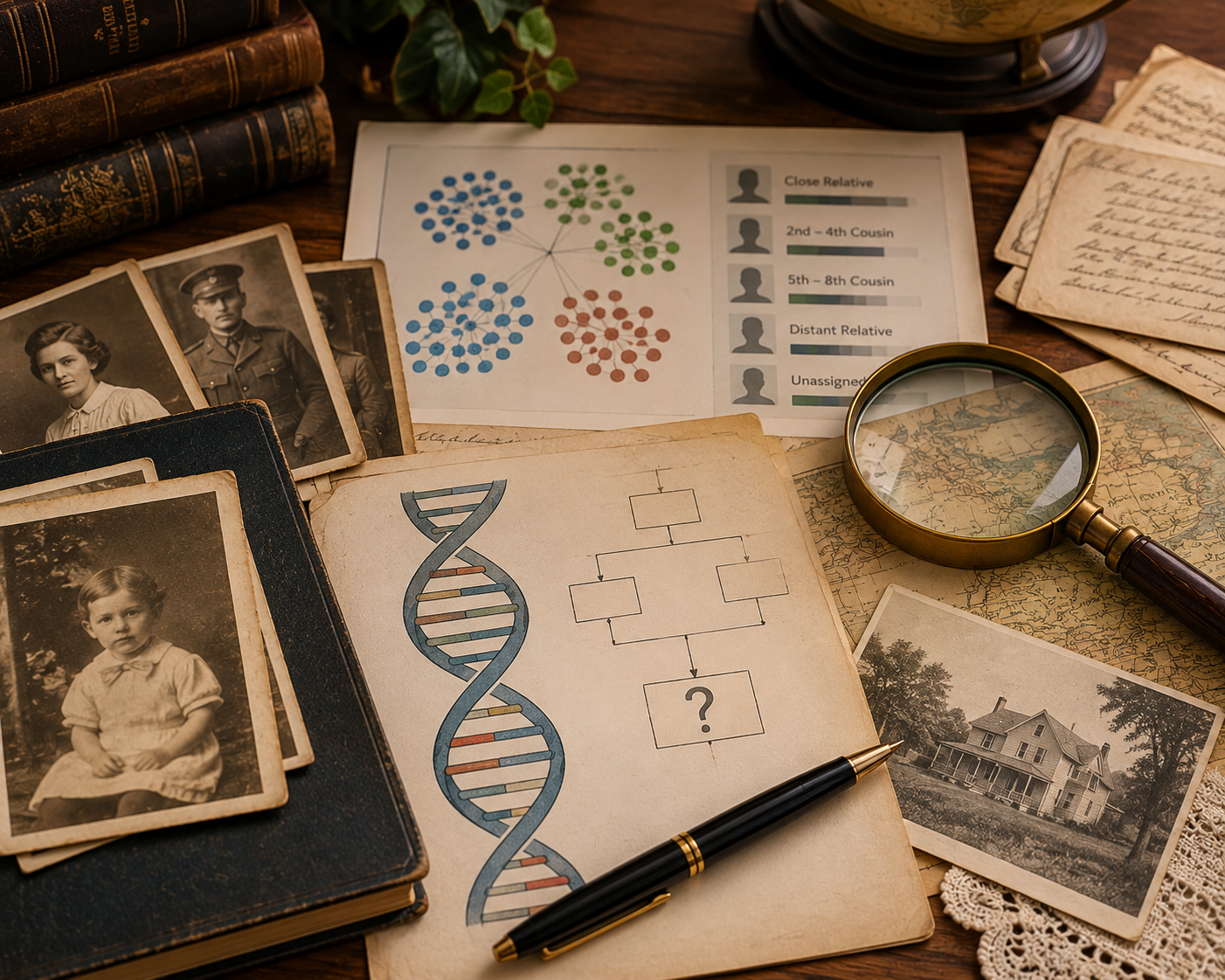 DNA diagrams, family photographs, historical records, and research materials used to investigate genealogical relationships.