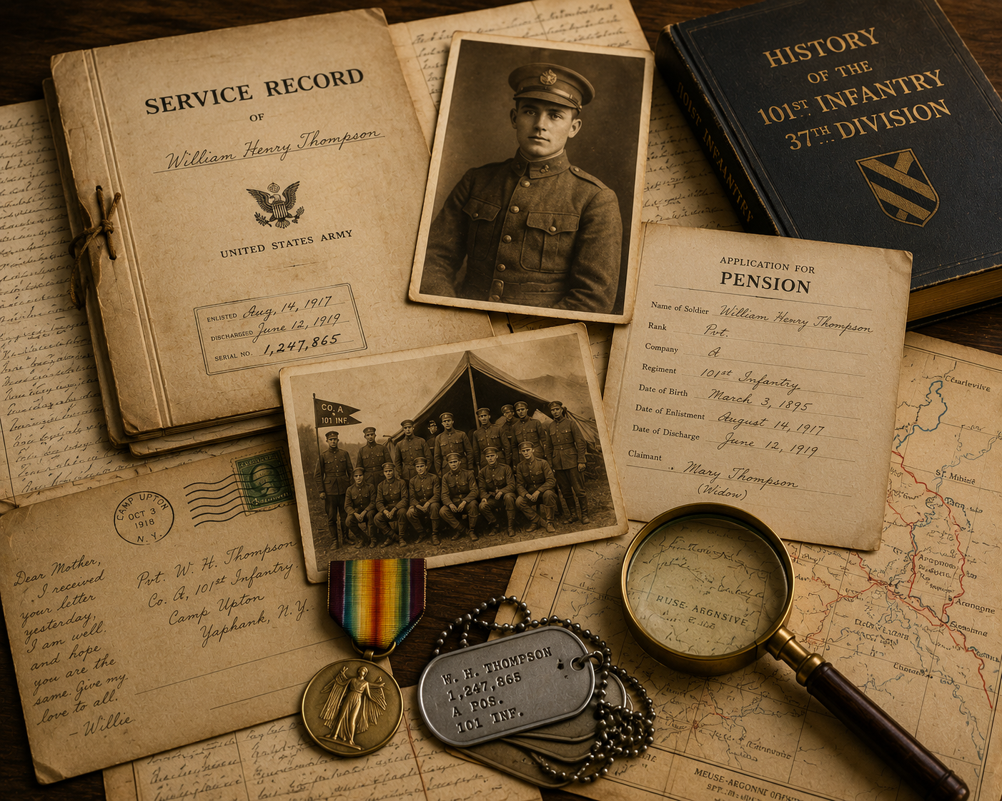 Military service records, historical photograph, medals, and research materials used to document an ancestor's military service.