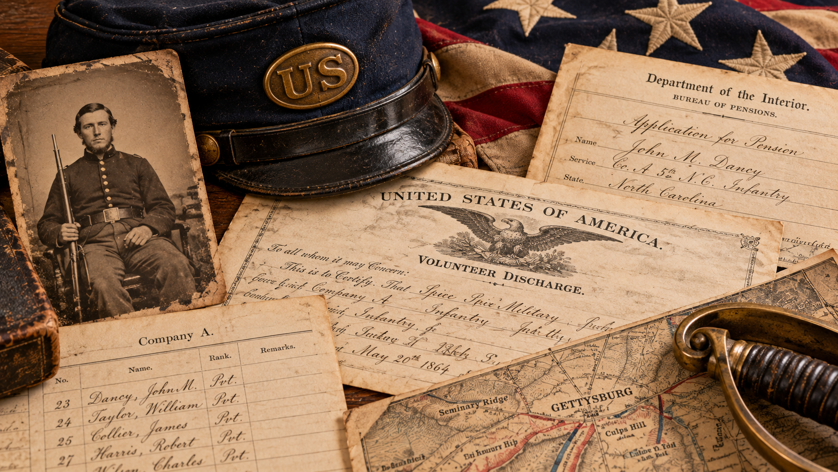 Civil War military service records, pension documents, maps, and period photographs used in genealogical research.