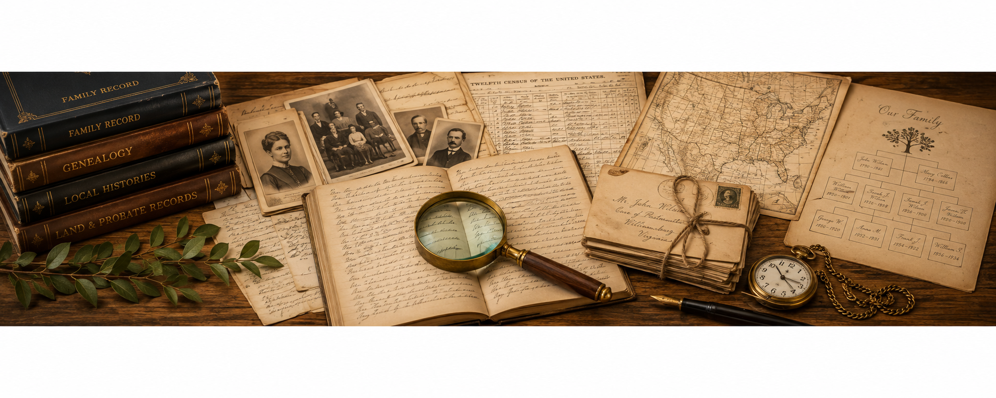 Historical family photographs, genealogy books, handwritten records, maps, letters, and a magnifying glass