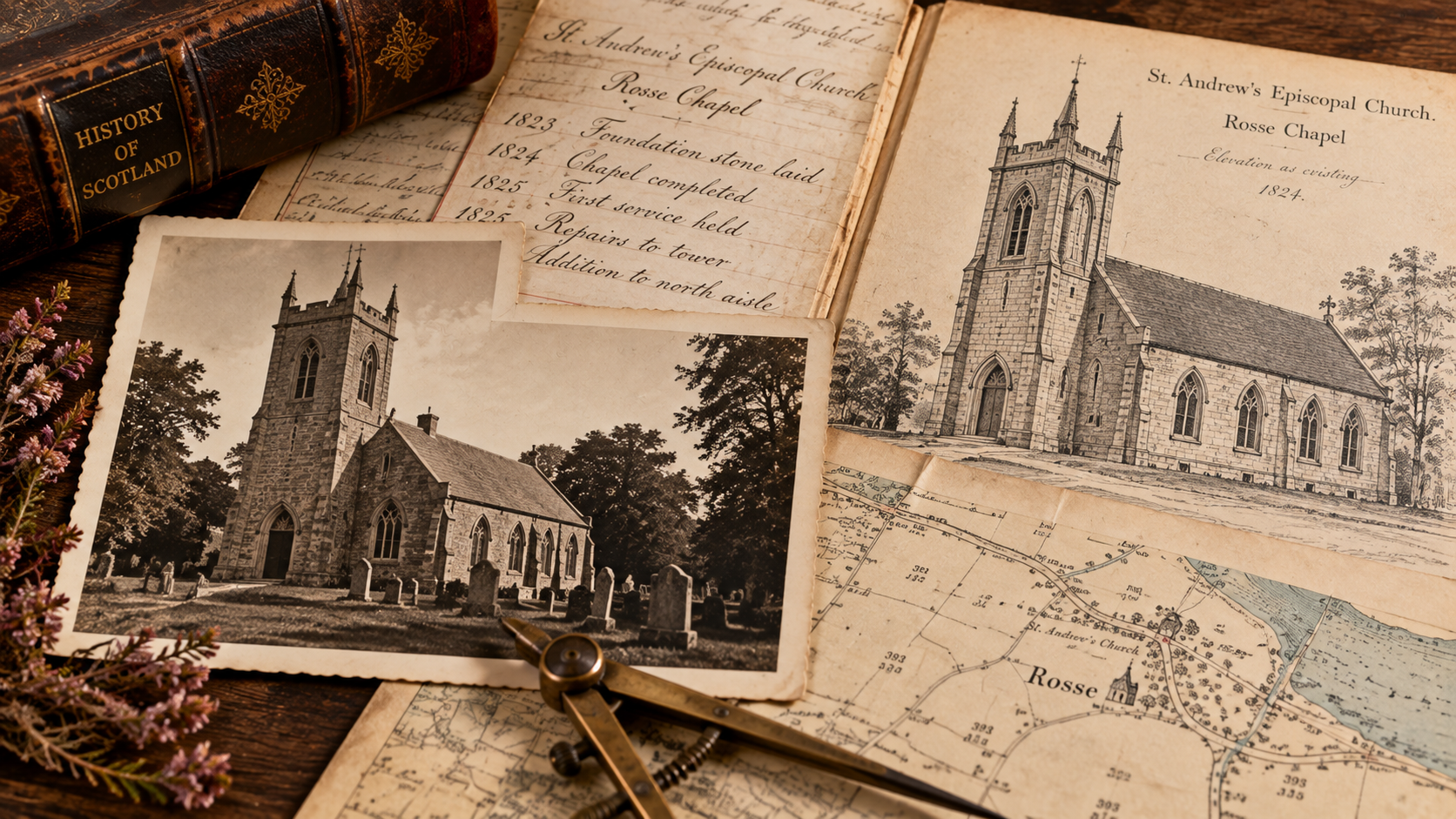 Historical church photographs, architectural records, and maps representing research into a Scottish church and its history.