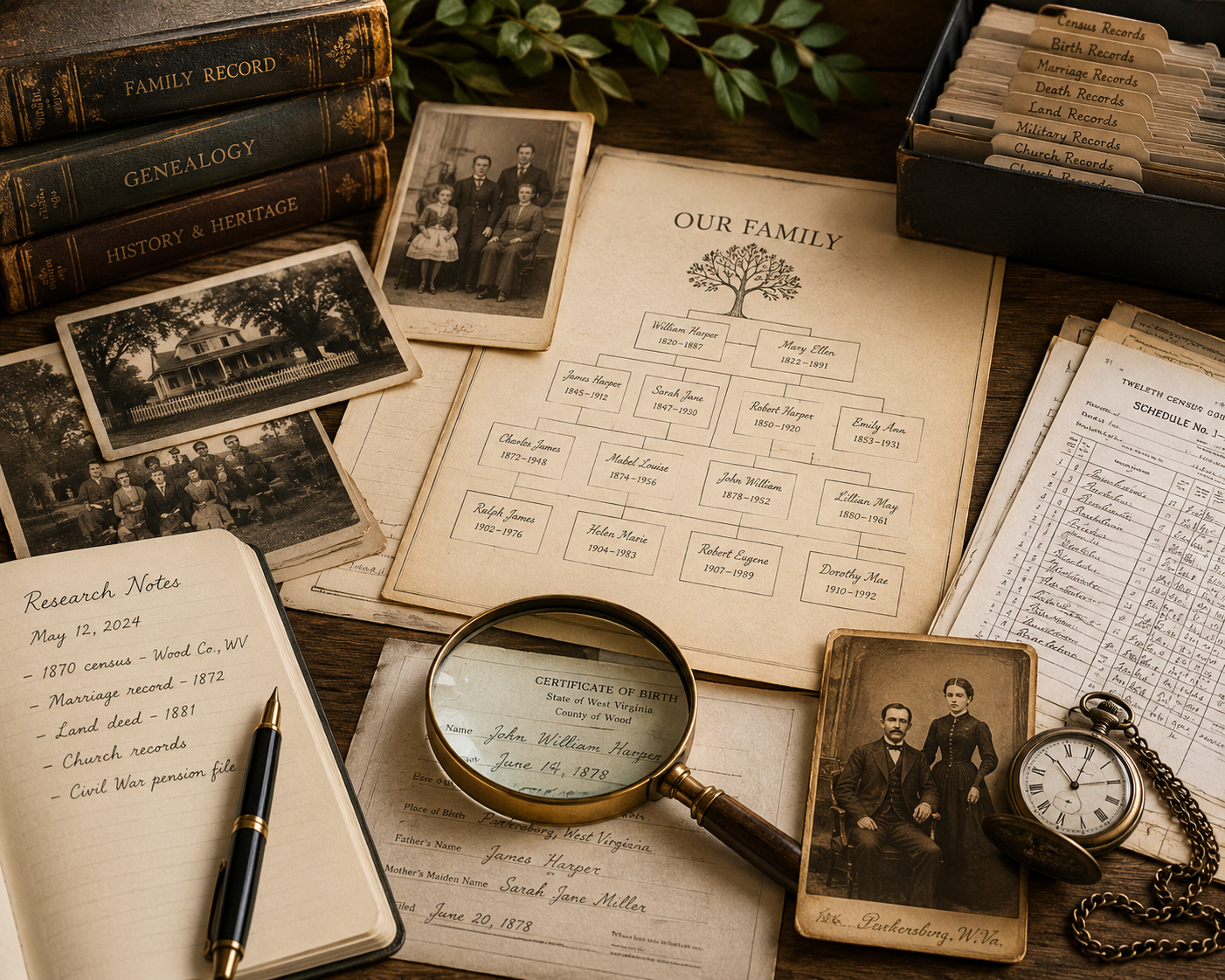 Historical family photographs, family tree records, and genealogy documents used to research ancestry