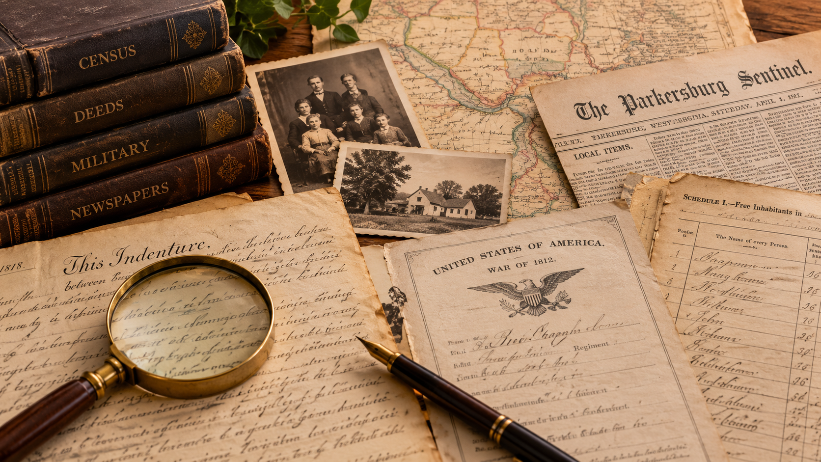 Historical family photographs, genealogy records, maps, and research materials