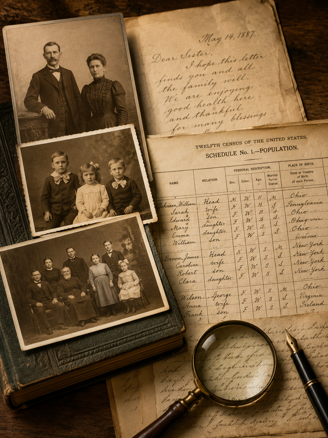 Historical family photographs, census records, handwritten letters, and a magnifying glass used for genealogy research