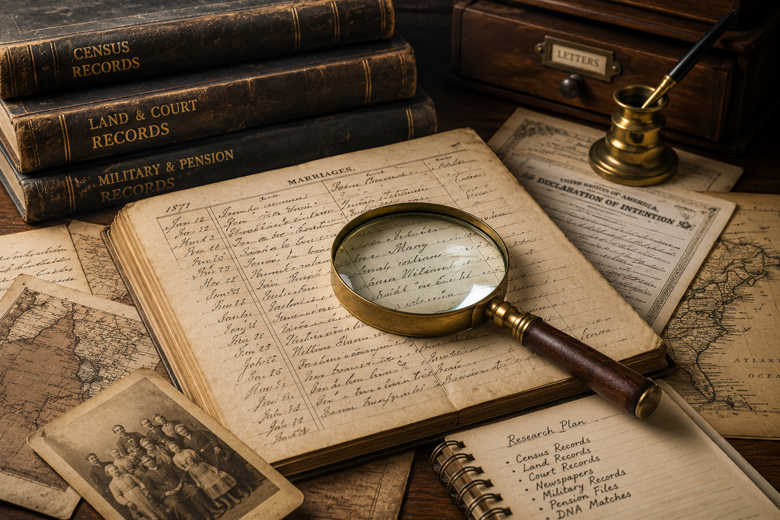 Genealogy research materials including census, land, court, military and pension records, historical maps, photographs, and a magnifying glass