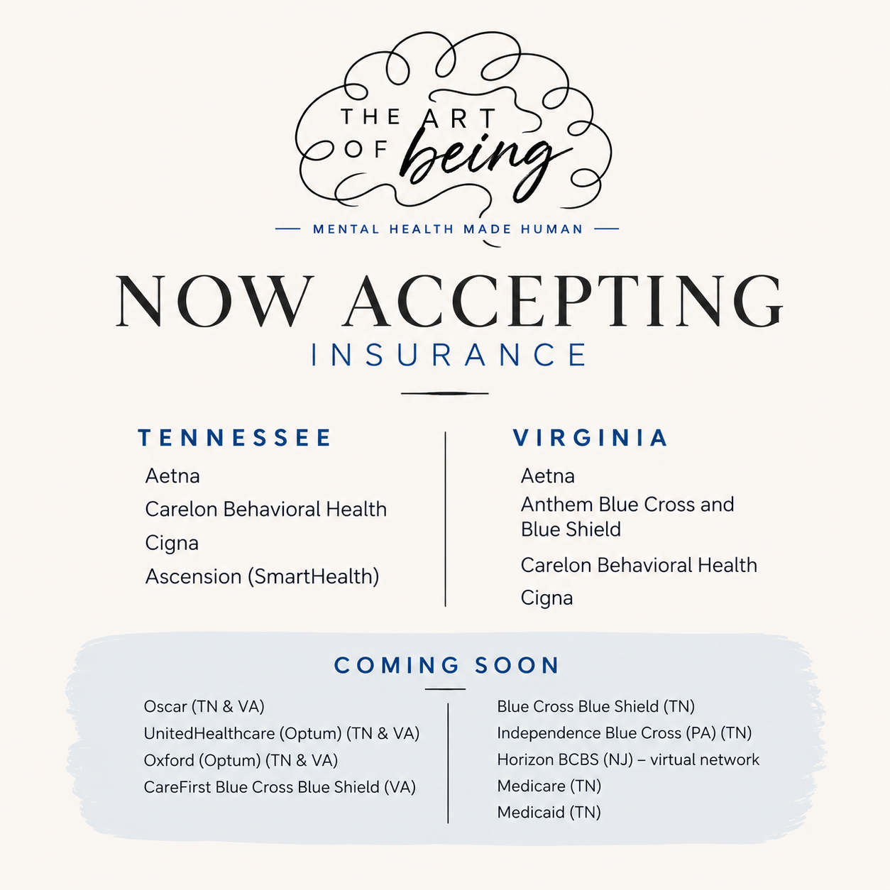 A promotional poster displaying mental health insurance options for Tennessee and Virginia, with upcoming plans listed for various providers.
