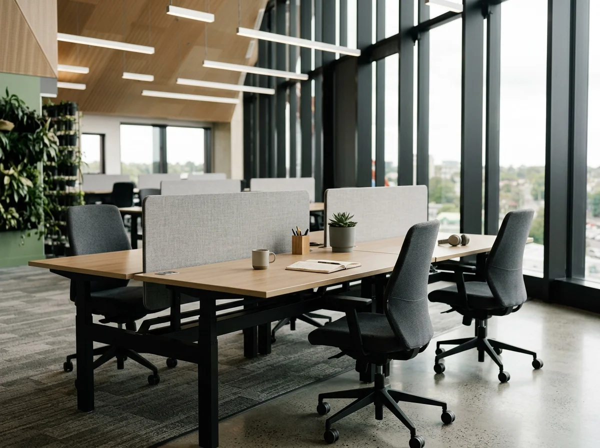 Modern office space with wooden desks, ergonomic chairs, and a large glass window wall overlooking a cityscape, decorated with potted plants and minimalistic office supplies.