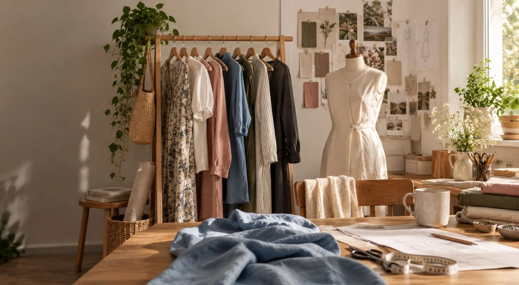 Sunlit sewing studio with handmade clothing, a dress form, fabrics, patterns and sewing tools.