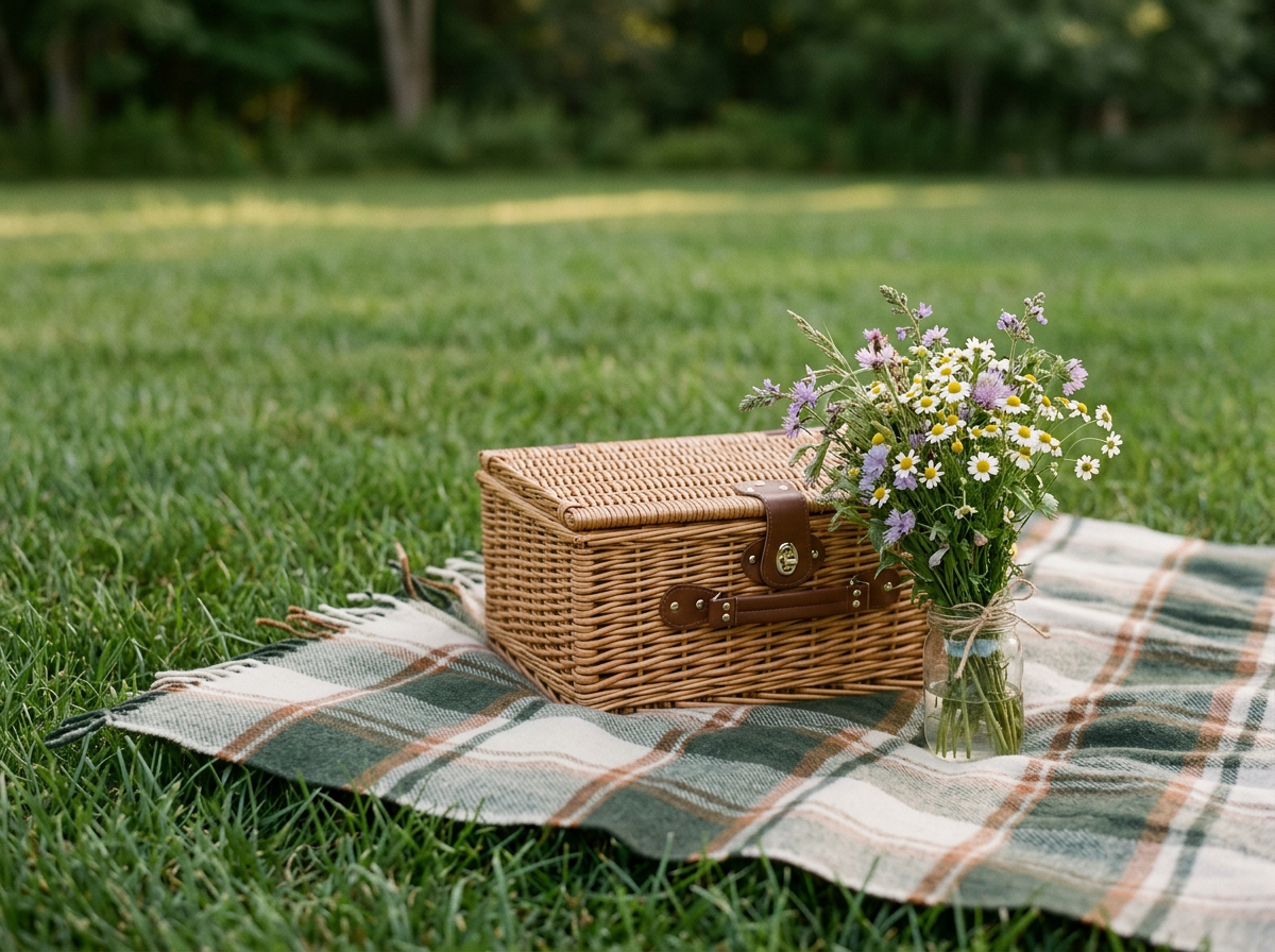 A picnic setup on a grassy field with a wicker picnic basket and a jar of wildflowers on a checkered blanket.