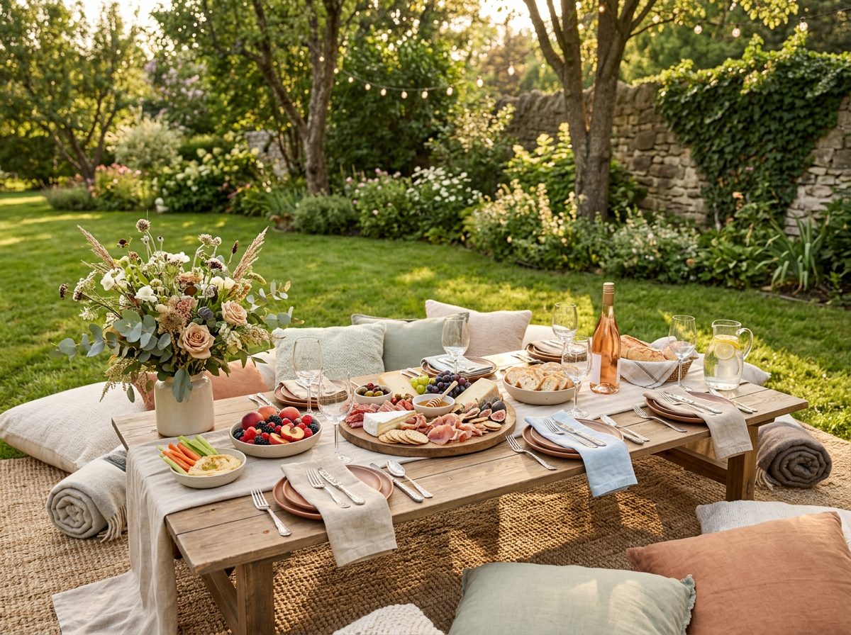 Outdoor picnic table set for a meal in a garden with flowers and trees, decorated with a large bouquet of flowers, plates of fruit, bread, wine, and glasses, surrounded by cushions and blankets.