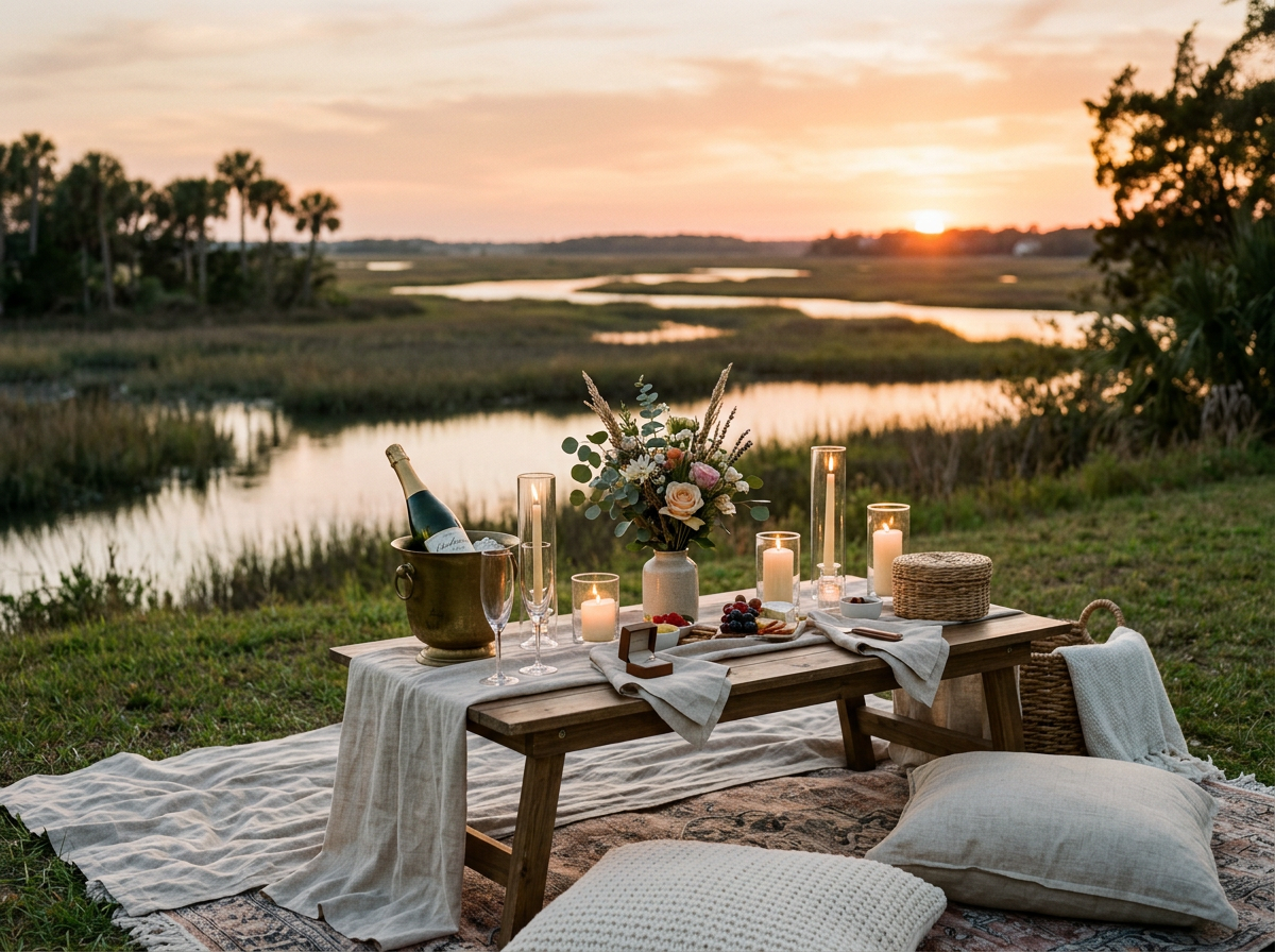 Picnic setup with a wooden table, candles, flowers, and wine near a river at sunset