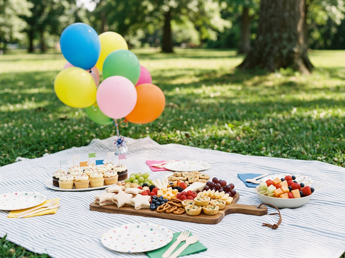 Picnic setup with colorful balloons, cupcakes, cheese platter with fruits, cookies, and cut fruit, set on a picnic blanket in a park.