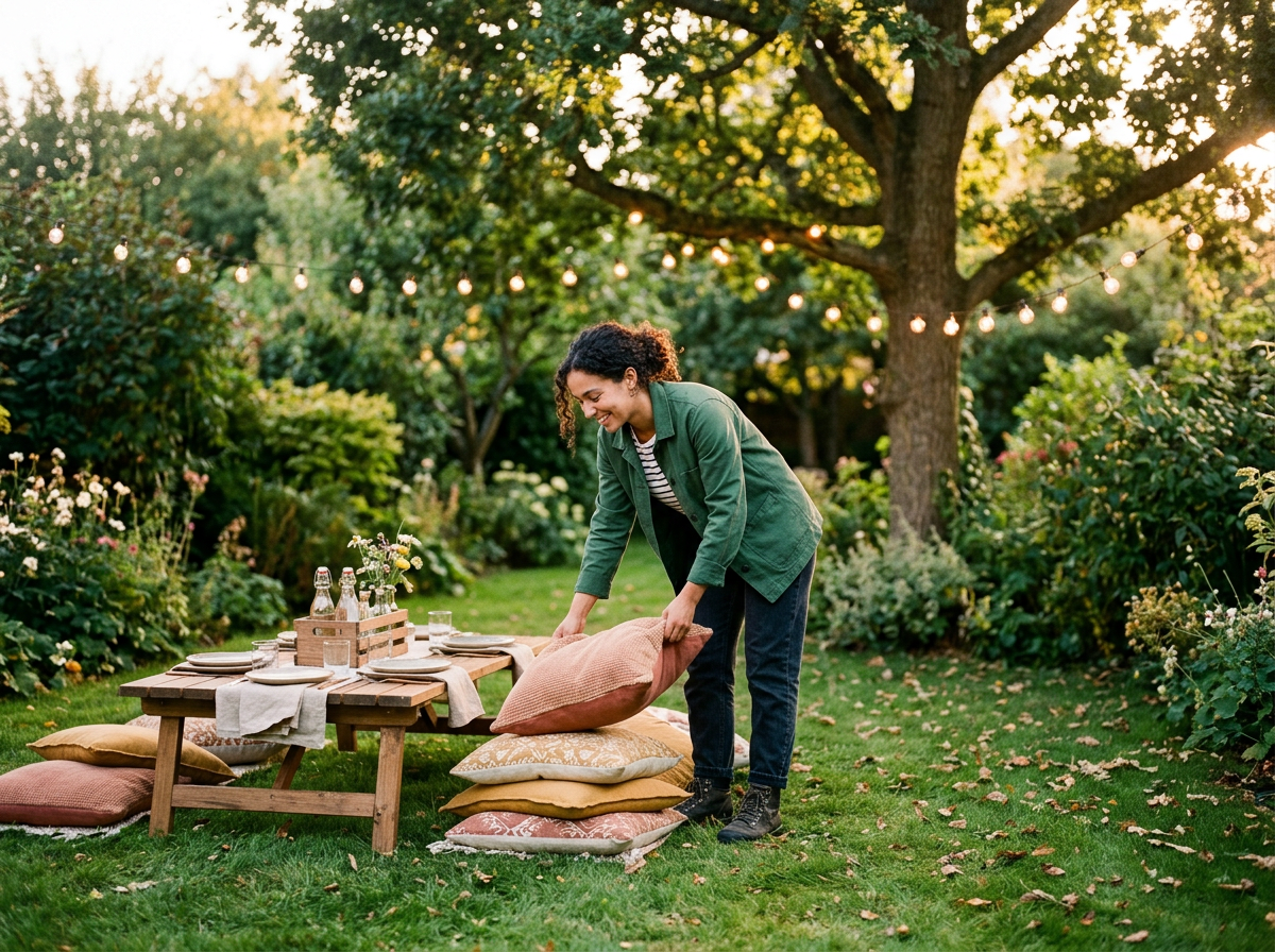 A woman setting up an outdoor dining table on the grass in a garden with trees and flowers during sunset. She is smiling while arranging cushions and pillows on the ground and table, with string lights hanging overhead.