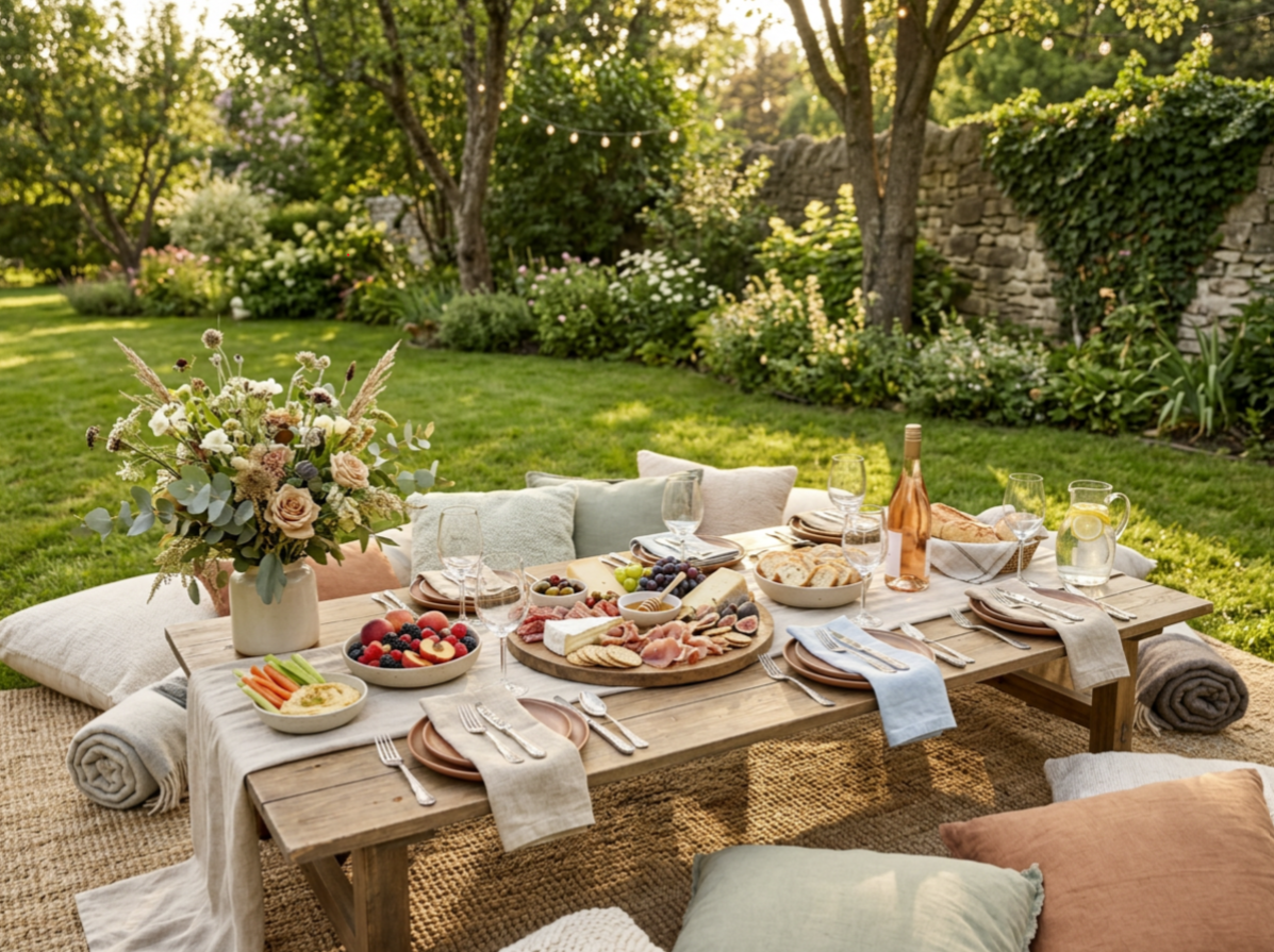 Outdoor garden picnic table set with assorted food, drinks, and floral centerpiece on a sunny day with string lights and lush greenery in the background.