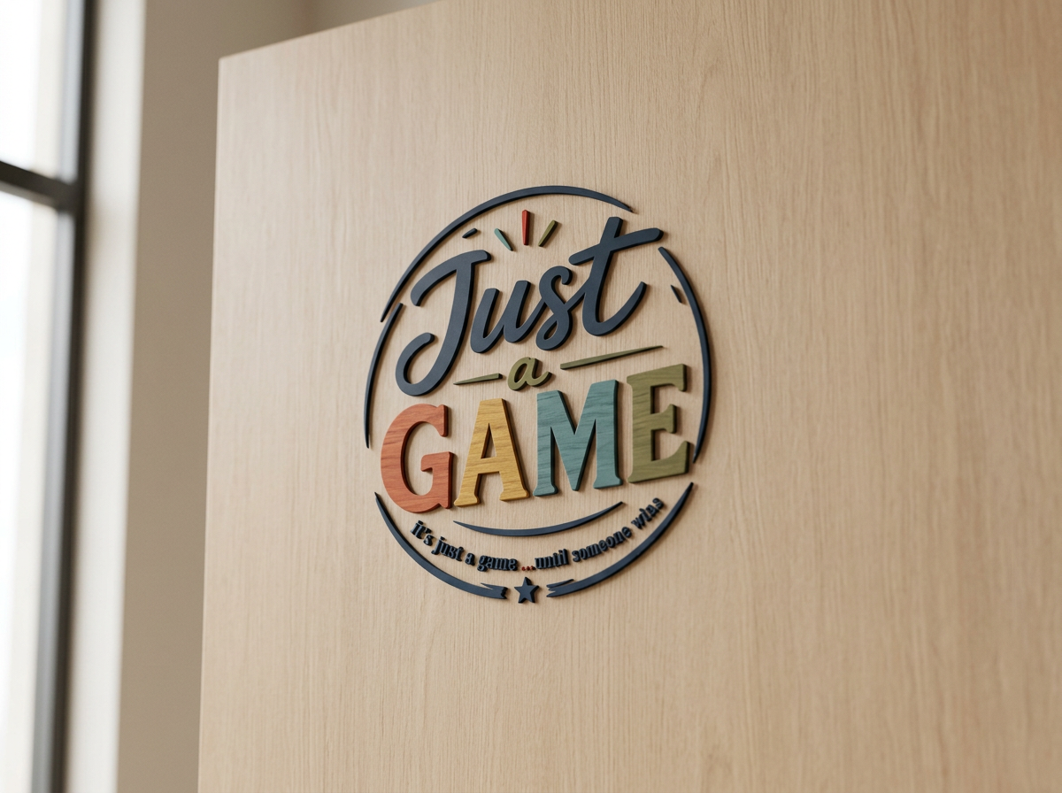 Colorful wall sign with the phrase "Just a Game" on a wooden door.