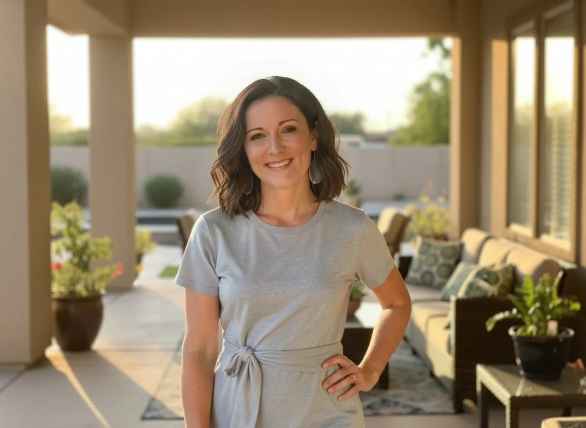 A woman with shoulder-length dark hair smiling outdoors on a porch during sunset, wearing a light gray dress with a tied waist.