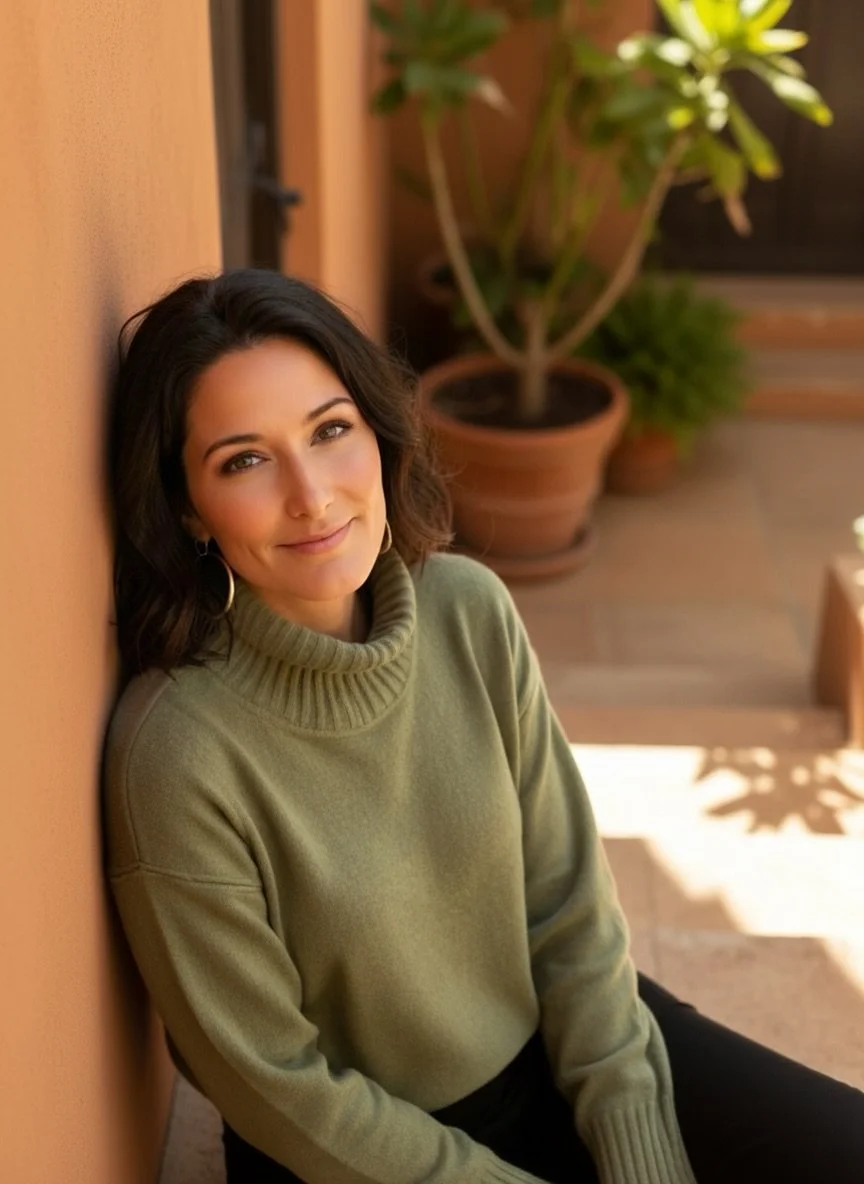A woman with dark hair, wearing a green turtleneck sweater, sits leaning against an orange wall, smiling softly, with potted plants in the background.