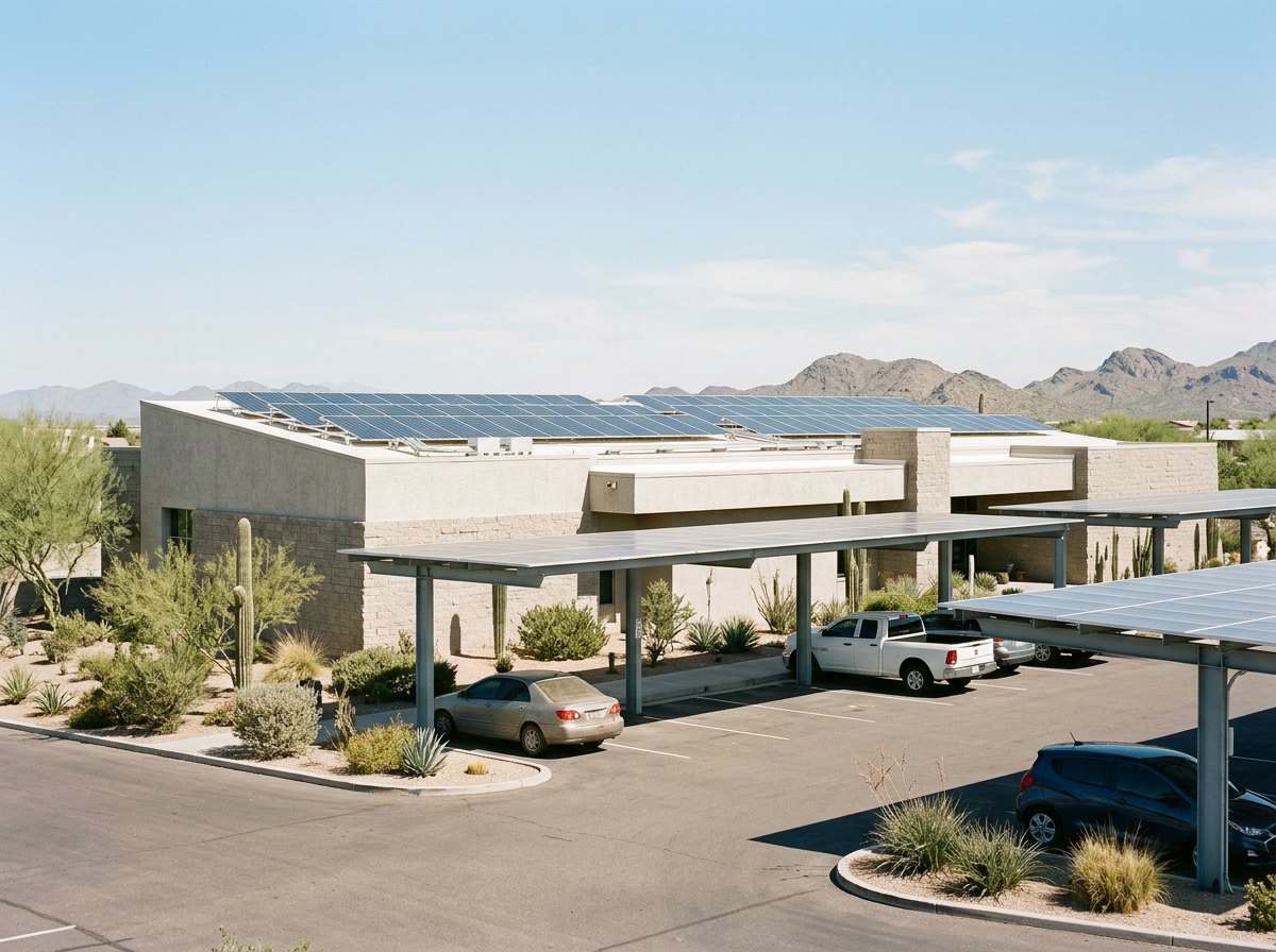 Arizona public school with rooftop solar panels and solar parking canopies surrounded by Sonoran Desert landscaping.