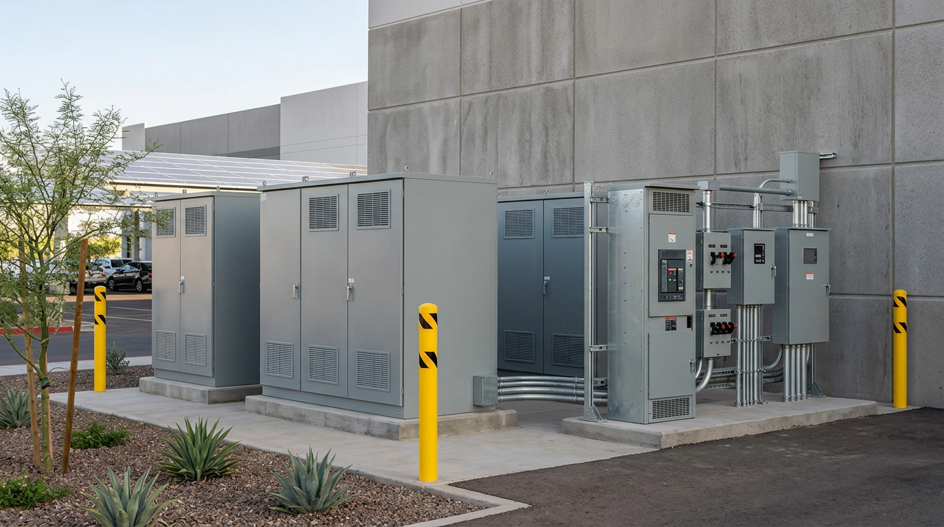 Ground-level commercial battery storage cabinets and outdoor electrical switchgear installed beside an Arizona warehouse.