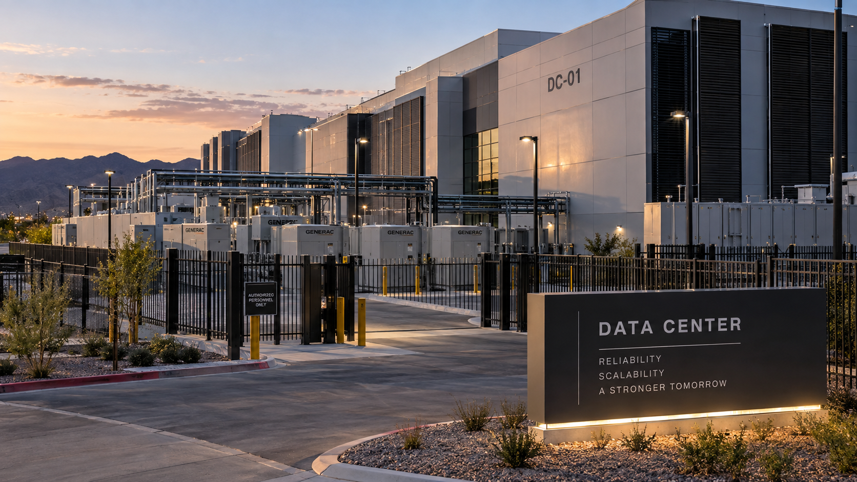 Exterior view of a modern data center at dusk with a sign reading 'Data Center: Reliability, Scalability, A Stronger Tomorrow'; fenced area with generator units and pipelines, desert plants, and mountain range in the background.