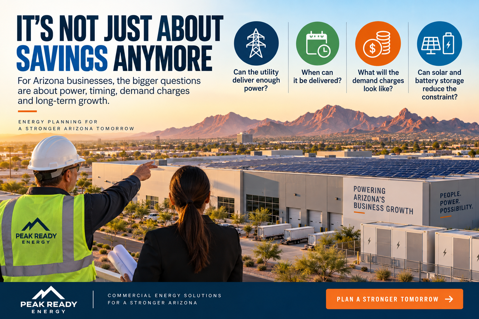 Illustration of an Arizona commercial facility with rooftop solar and batteries, highlighting utility power capacity, delivery timing and demand charges.