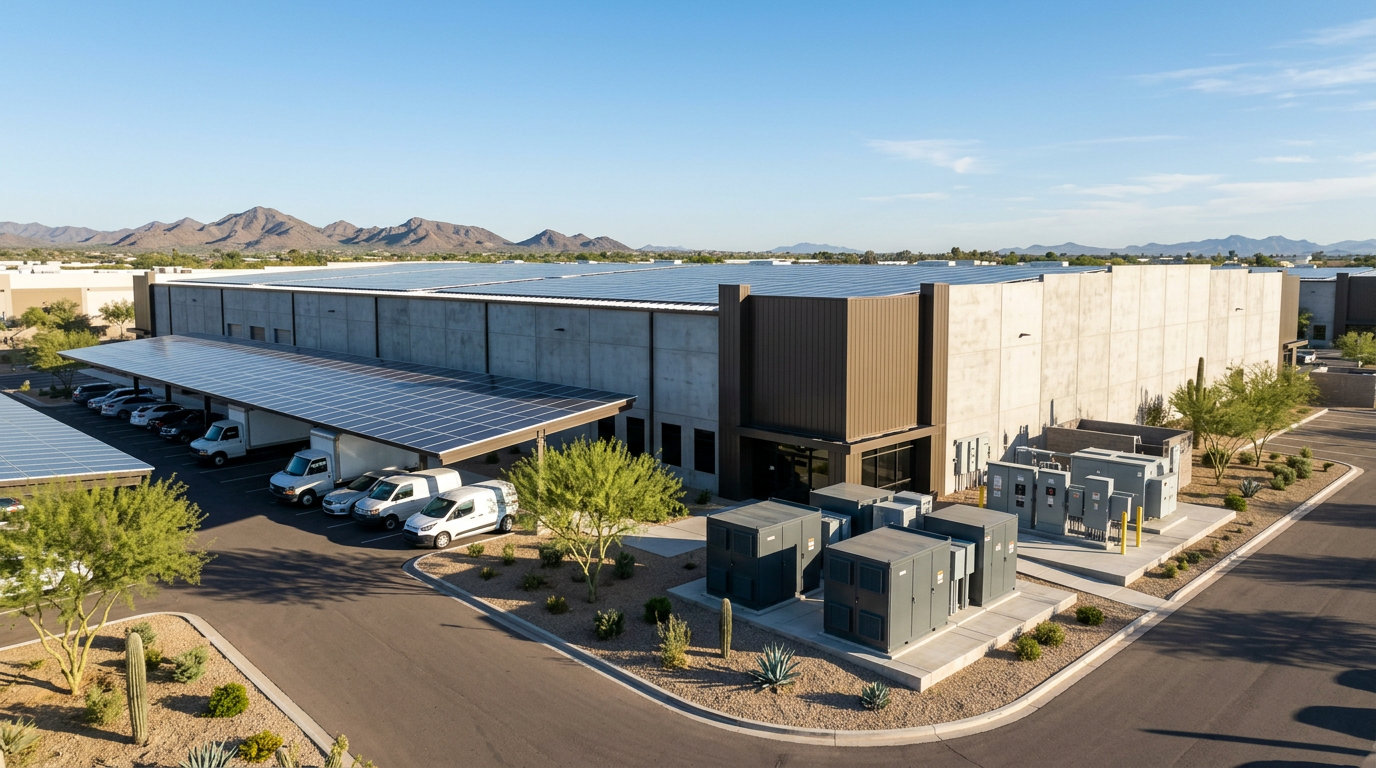 Arizona commercial warehouse with solar parking canopies, ground-level battery storage cabinets, electrical switchgear, and Sonoran Desert landscaping.