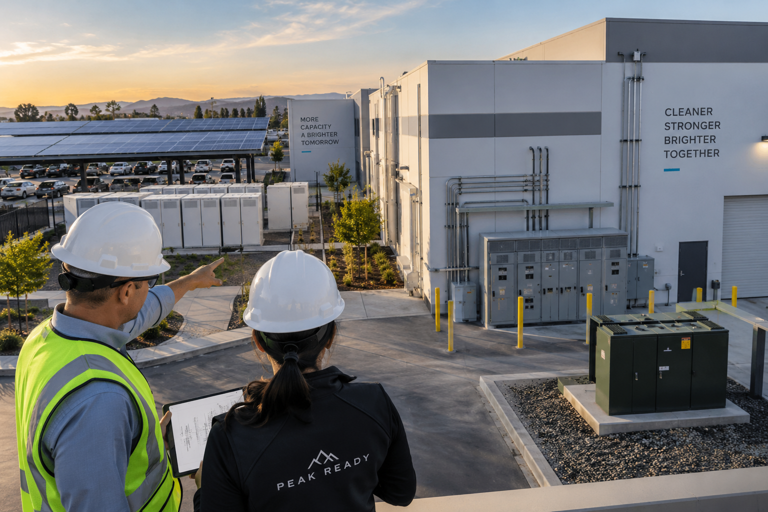 Two workers wearing hard hats and safety vests standing on a rooftop, observing and discussing the rooftop's solar and electrical infrastructure at sunset.