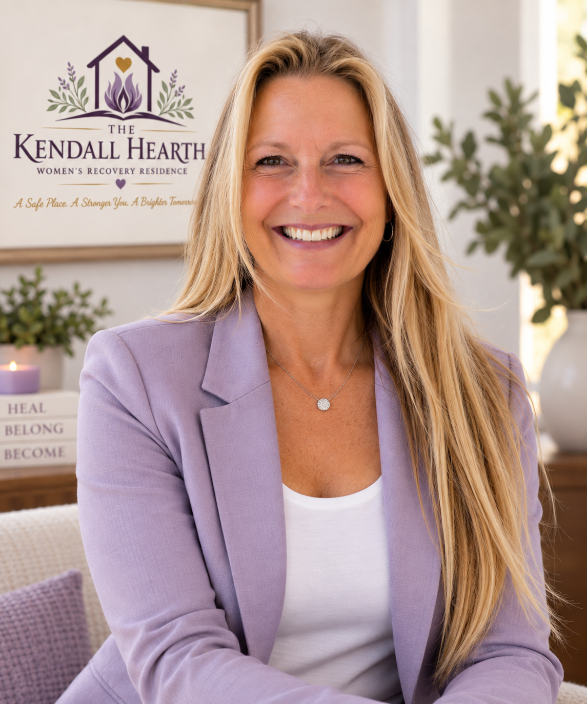 A smiling woman with long blonde hair wearing a lavender blazer and white top, sitting in a well-lit room with plants and a sign in the background that reads 'The Kendall Hearth Women's Recovery Residence'.