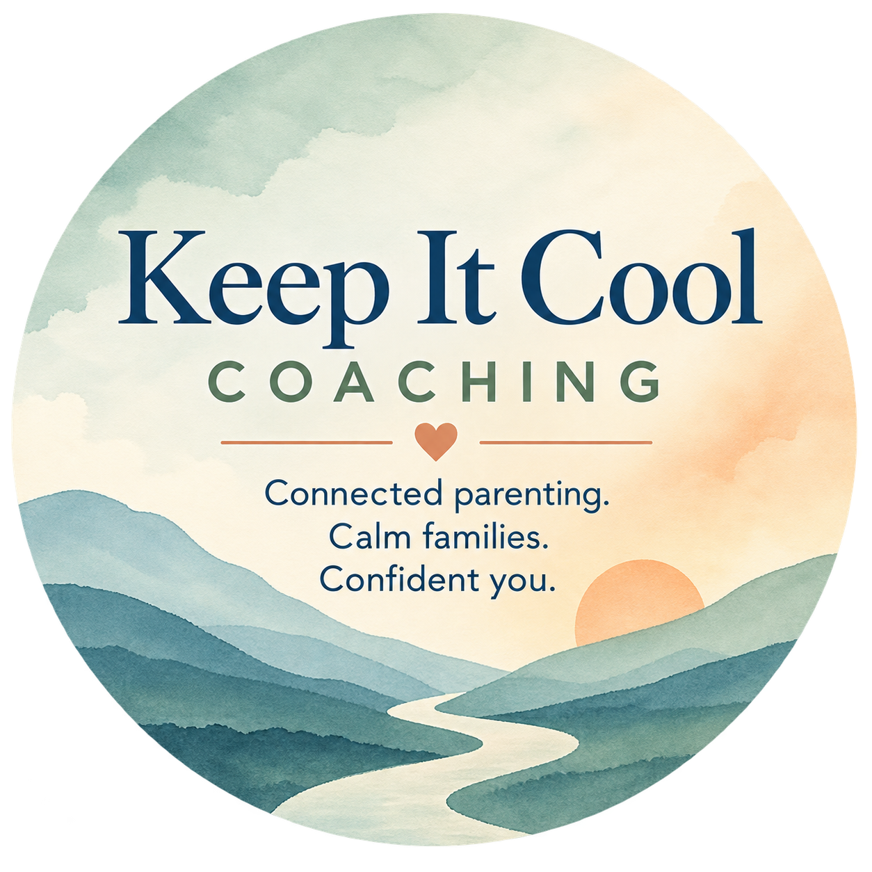 Logo for Keep It Cool Coaching featuring a scenic watercolor landscape with mountains, a river, and a setting sun. Text promotes connected parenting, calm families, and confidence.