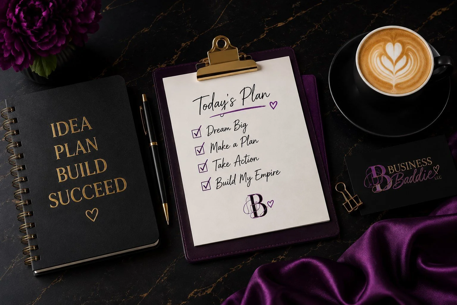 Business planning workspace featuring a Business Baddie LLC notebook, goal checklist, coffee, and business card.