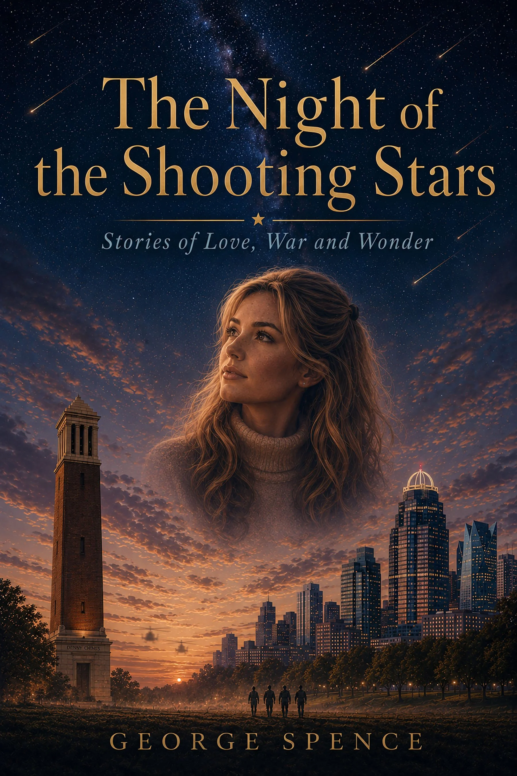 Book cover for 'The Night of the Shooting Stars' by George Spence, featuring a sunset cityscape with a statue, four people walking, and a sky filled with shooting stars and the Milky Way.