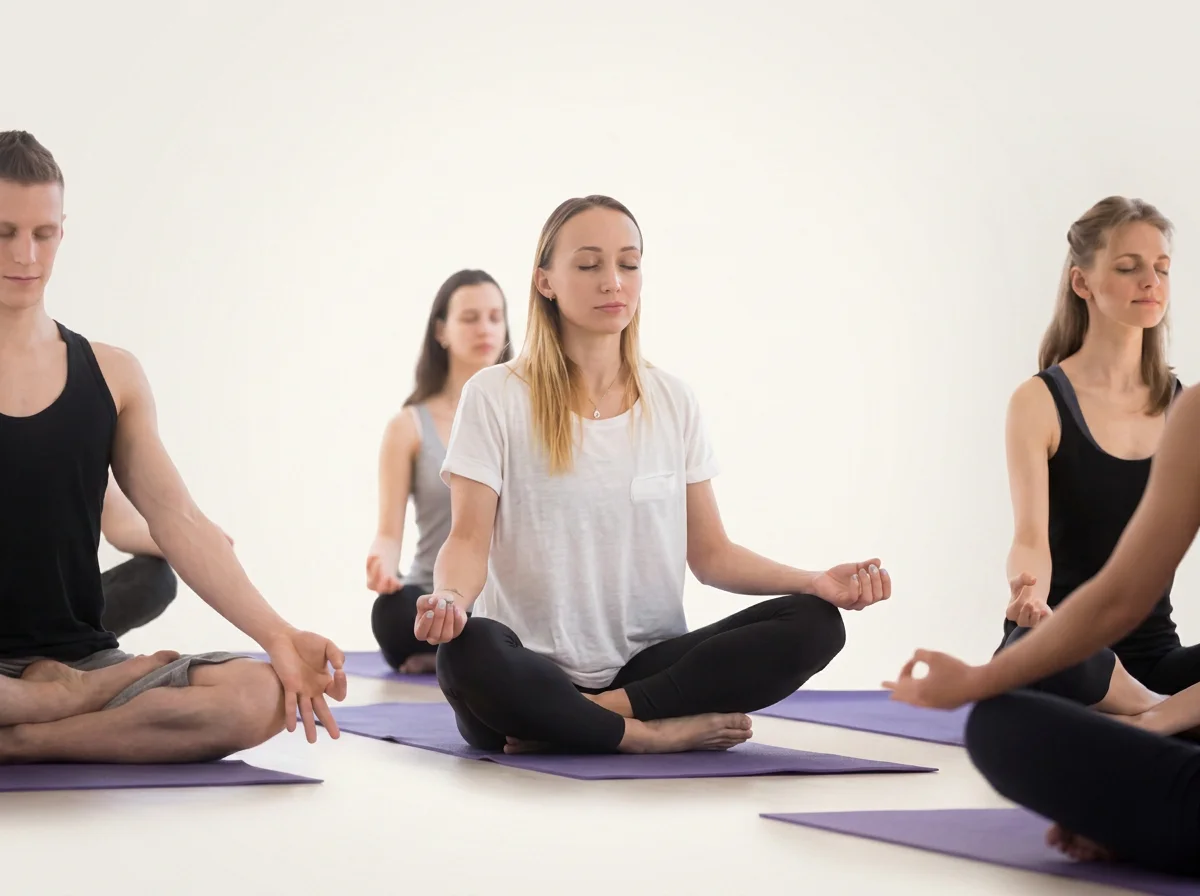 A group of people practicing meditation in a bright, minimalistic room, sitting cross-legged on purple yoga mats with eyes closed and hands resting on their knees.