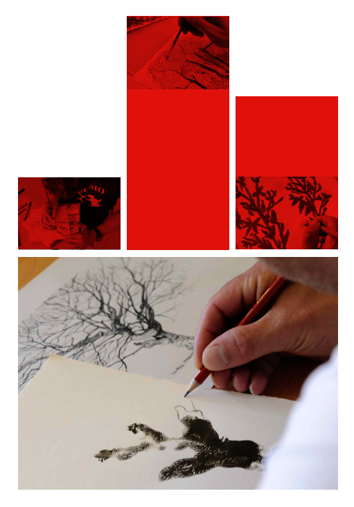 Main dessin d’un arbre réalisé au crayon, avec une main tenant un crayon rouge et une esquisse d’animal sur papier.