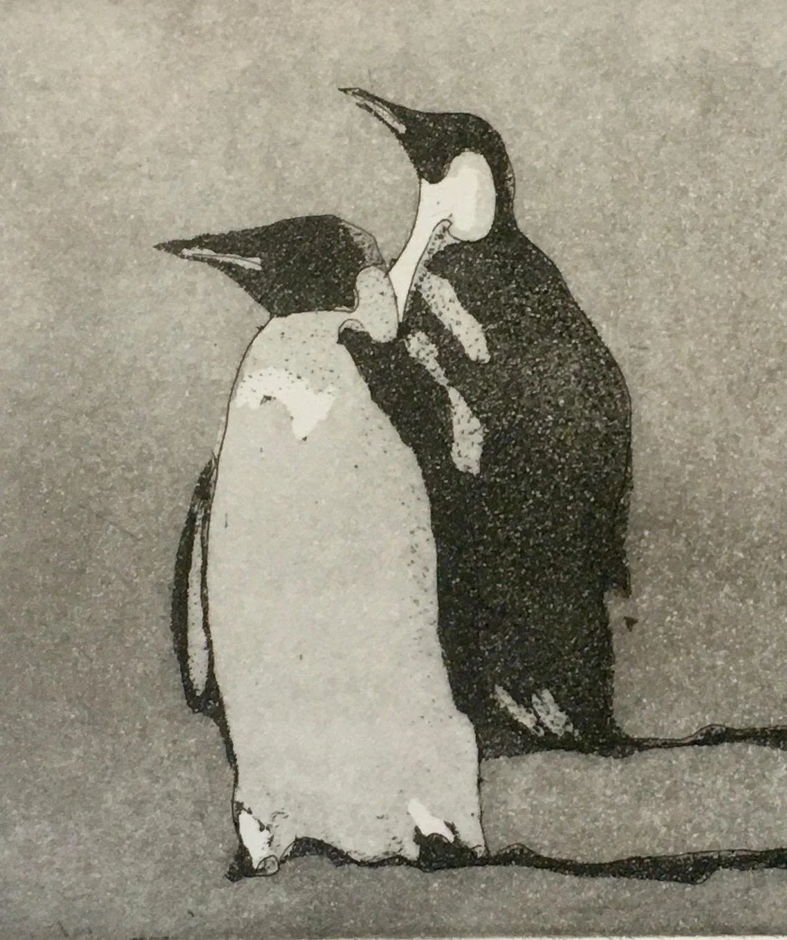 Illustration en noir et blanc de deux manchots debout côte à côte, l’un touchant le cou de l’autre.