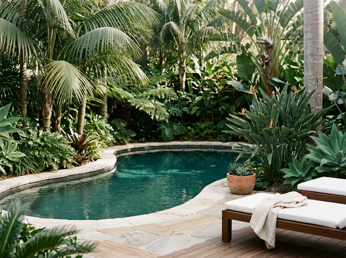 Tropical backyard pool surrounded by lush palm trees and plants, with lounge chairs and a towel on a stone patio.