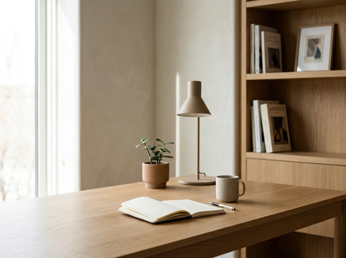 Minimalist home office with an open notebook, pen, coffee mug, potted plant, desk lamp, and wooden bookshelf
