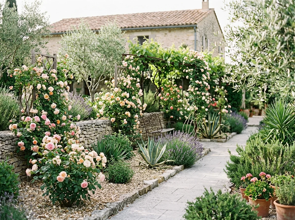 Mediterranean garden with climbing pink roses, lavender, olive trees, agave, and a stone cottage