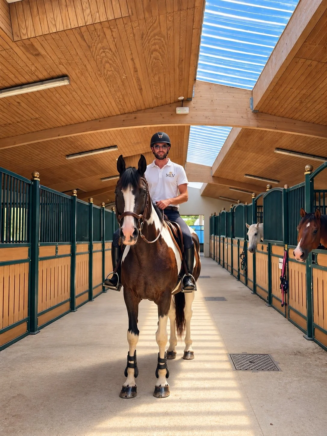 Rider on a black-and-white horse inside a bright wooden stable aisle with neighboring horses in stalls.