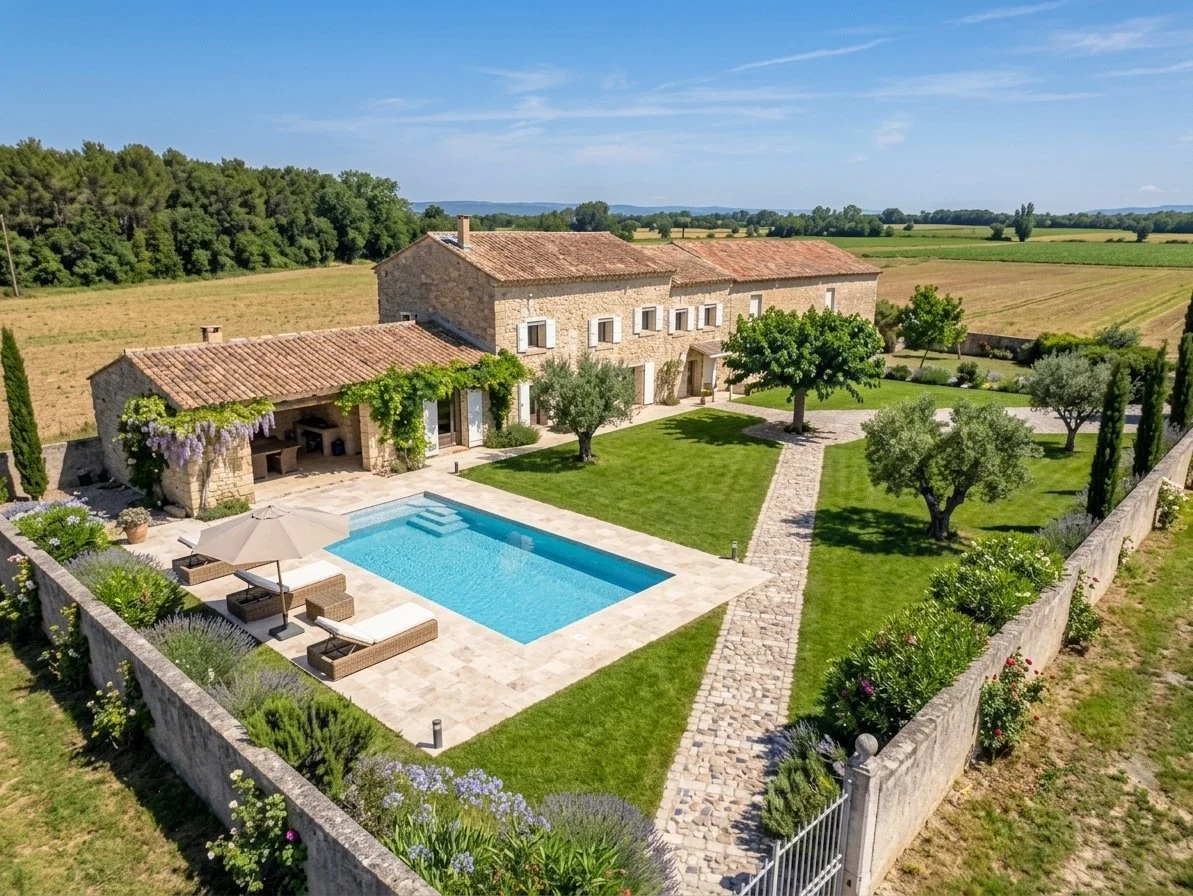 Aerial view of a renovated stone farmhouse with a swimming pool, manicured garden, olive trees, and surrounding fields