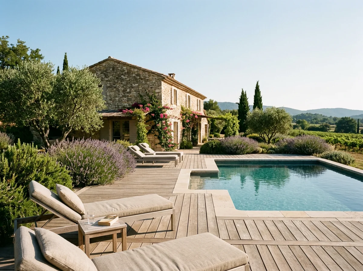 Stone country house with flowering vines, lavender garden, and swimming pool overlooking rolling hills