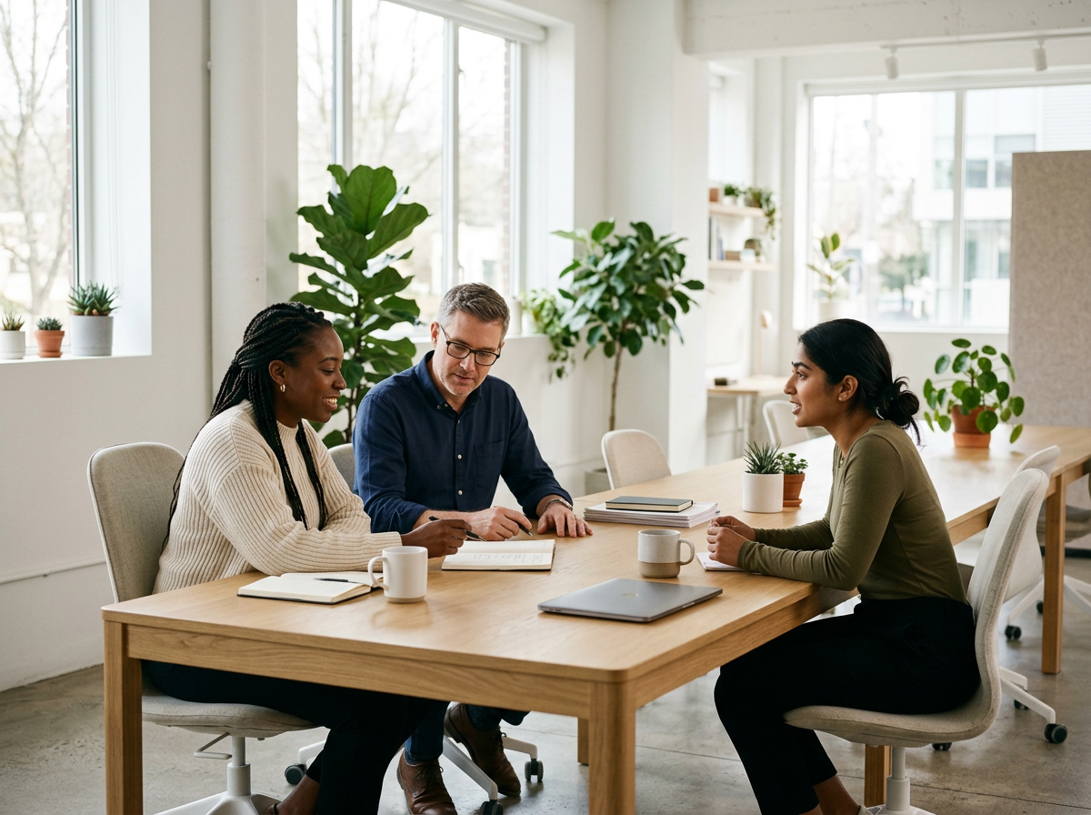 Three people in a meeting room engaged in a discussion. Two women and one man are seated at a wooden table with notebooks, mugs, and a laptop. The room has large windows and numerous green potted plants.