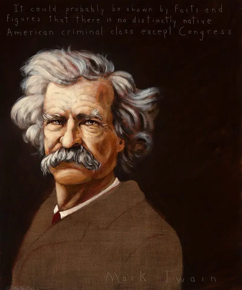A painted portrait of Albert Einstein with white, curly hair and a mustache, wearing a brown suit and a white shirt with a red tie. There is handwritten text above and below the portrait.