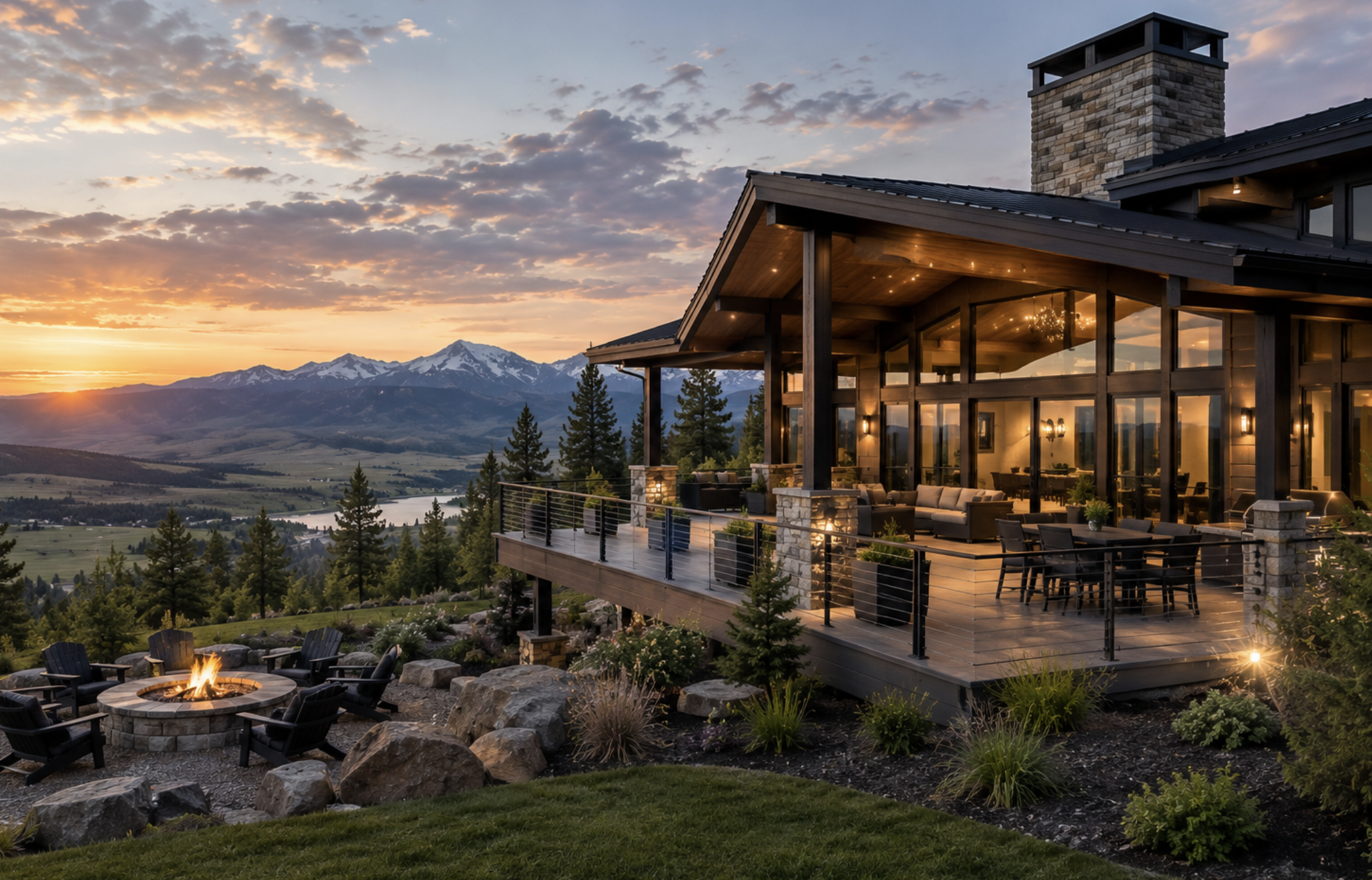 A house with large glass windows and a spacious outdoor patio with seating, overlooking a scenic mountainous landscape at sunset, with snow-capped peaks and a partly cloudy sky.