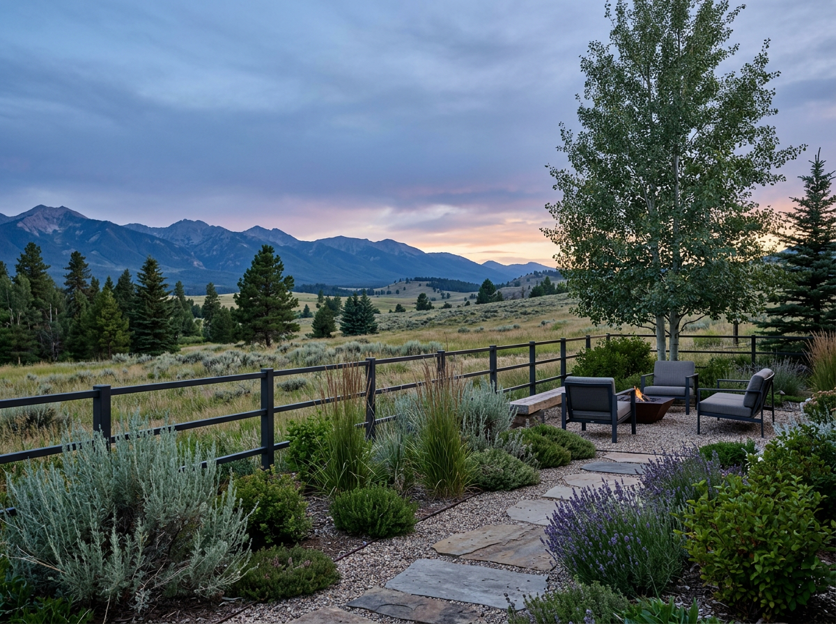 A cozy outdoor seating area with four chairs and a fire pit, surrounded by lush plants, a wooden fence, and a scenic view of mountains, trees, and a sunset sky.