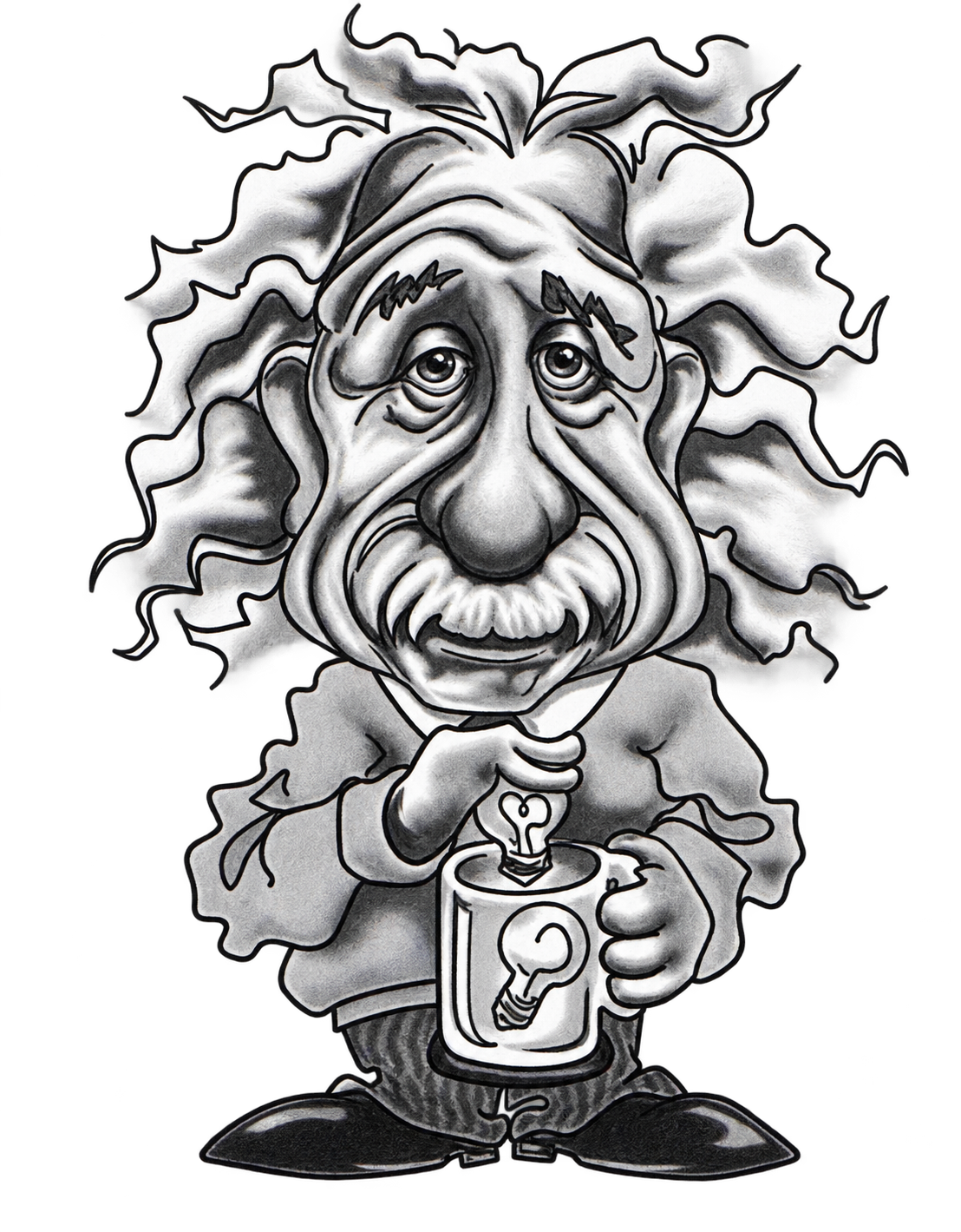 Black and white cartoon of Albert Einstein, holding a candle with a lightbulb symbol.