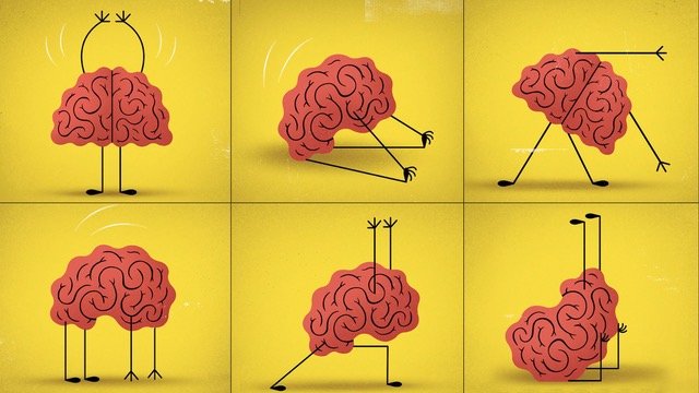 Diagram showing a cartoon brain with different poses and movements, including standing with raised arms, lying on side, walking, and sitting.