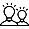 A simple drawn icon of two people with lit up lightbulbs for heads.
